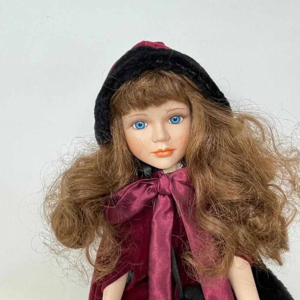 Vintage Porcelain Collector Doll 16 in Burgundy Velvet Hooded Cloak Winter Muff